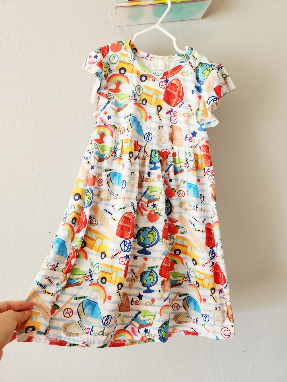Kids 5-6T White School-Themed Print Dress